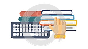 Hands on Keyboard with Books, Digital Learning and Study, vector design Generative AI
