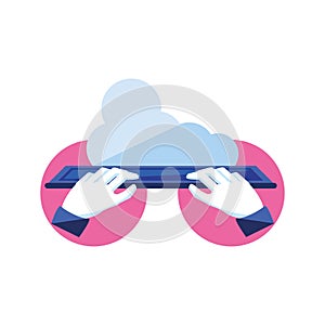 Hands with keyboard computer and cloud computing