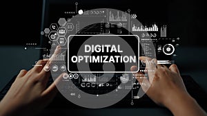 Hands on Keyboard with Data Visualization and Digital Optimization Graphics in Dark Environment. Asymptotic smart data