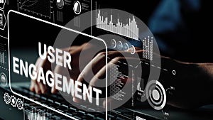 Hands on Keyboard with Digital Display Showing User Engagement Metrics and Analytics for Online Performance Evaluation