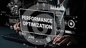 Hands on Keyboard with Digital Graphics and Text for Performance Optimization Concept in Business Technology. Asymptotic