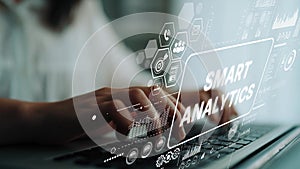 Hands on Keyboard with Digital Smart Analytics Graphics and Data Visualization Overlay Representing Modern Technology
