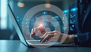 Hands on keyboard using laptop computer online. Business person working with digital checklist form. Modern technology for task