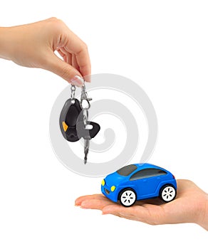 Hands with keys and toy car