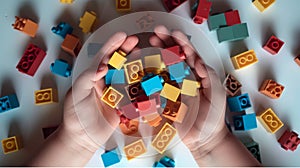 The Hands of the kids holding colorful toy plastic bricks and blocks for building toys on a white background. Generative AI