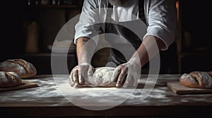 hands kitchen dough pastry cook food knead flour baker chef. Generative AI.