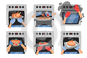 Hands in kitchen gloves and oven flat icons set. Cooking salmon, pizza, bread and other. Confectionery utensils for food