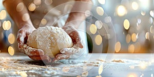 Hands knead fluffy dough. Homemade baking. Making homemade bread. Background with copy space