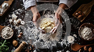 Hands kneading dough on a dark rustic surface