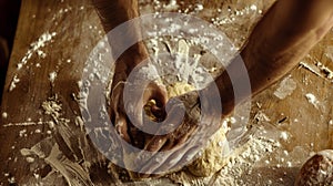 Hands Kneading Dough on a Flour-Covered Surface