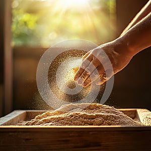 Hands kneading dough with flour dust dancing in the sunlight creating a cozy atmosphere in the kitchen