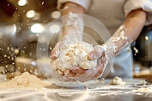 Hands kneading dough, rolling pin for dough, bakery and bakehouse