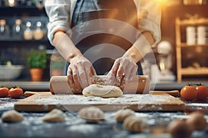 Hands kneading dough, rolling pin for dough, bakery and bakehouse