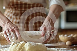 Hands kneading dough, rolling pin for dough, bakery and bakehouse