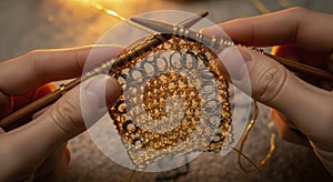 Hands knitting with brown yarn closeup