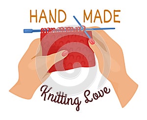 Hands knitting red yarn blue needles, crafting concept. DIY hobby handcraft activity, creative