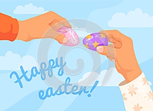 Hands knocking eggs. Family game easter orthodox tradition, friend hand knock break boiled decorated egg shell game