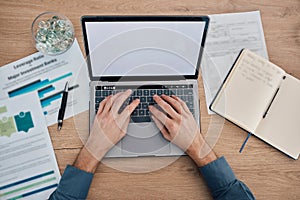 Hands, laptop and green screen on mockup above for advertising, marketing or analytics at office desk. Hand of business