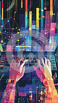 Hands on laptop keyboard with colorful data visualizations and graphs. Ideal for business, technology, and financial