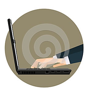 Hands on laptop keyboard vector illustration. Side view