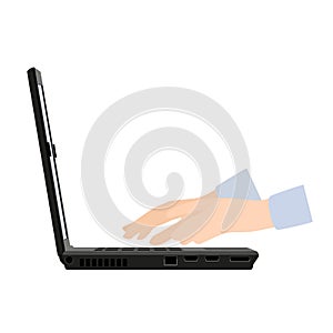 Hands on laptop keyboard vector illustration. Side view