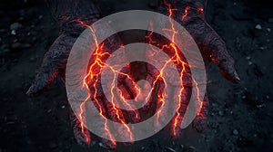 Hands with Lava-Like Cracks and Glowing Red Lines photo