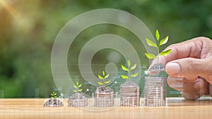 Hands laying coins on pile with plant growing money with investment concept green background Raise funds to support green