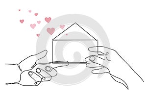 Hands with letter in envelope and heart,one line art,continuous contour drawing,hand-drawn gesture, symbol of romantic love.