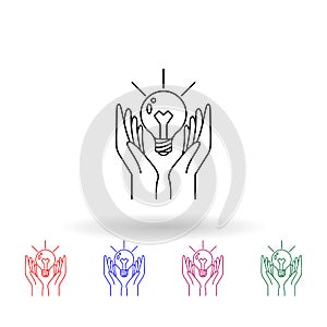Hands and a light bulb multi color icon. Simple thin line, outline vector of idea icons for ui and ux, website or mobile