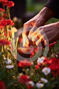 Hands lighting candle between flowers on graves. Generative Ai.