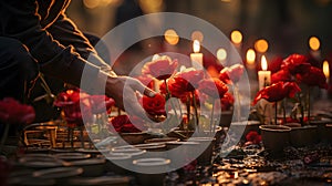 Hands lighting candles between flowers on graves