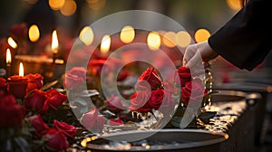 Hands lighting candles between flowers on graves