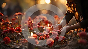 Hands lighting candles between flowers on graves