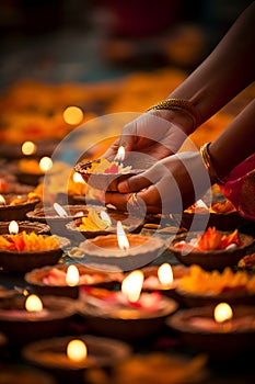 Hands lighting Diwali diyas, symbolizing the victory of light over darkness