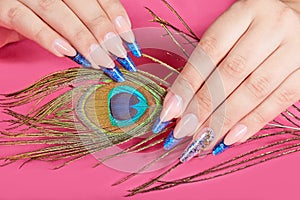 Hands with long artificial blue french manicured nails and peacock feather