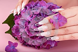 Hands with long artificial french manicured nails