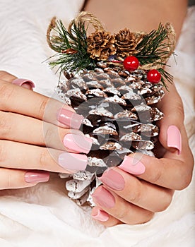 Hands with long artificial pink manicured nails holding a pine Christmas decoration