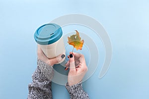 Hands in long sleeve knitted sweater, holding bamboo reusable cup and autumn leaf, overhead on blue background