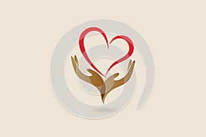 Hands and love heart logo vector