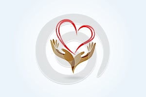 Hands and love heart logo vector
