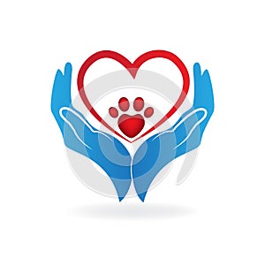 Hands with love heart paw print shape icon logo