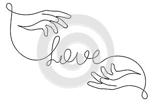 Hands with love word one-line art, continuous drawing contour,hand-drawn design for Valentine\'s Day.Bridal, nuptials,