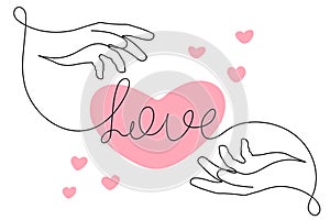 Hands with love word one-line art, continuous drawing contour,hand-drawn romantic design.Bridal, nuptials,