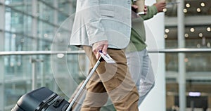 Hands, luggage and business people walking with coffee in airport, hotel or lobby. Travel, ticket and suitcase in flight