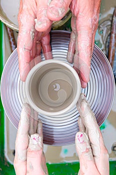 Pot on a pottery wheel.