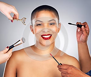 Hands, makeup brushes and portrait of woman with red lips in studio for lipstick and mascara routine. Cosmetics, beauty