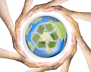 Hands making a circle Surrounding the recycle Earth