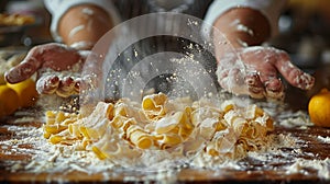 Hands making fresh pasta