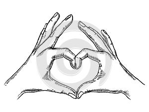 Hands making heart sign engraving vector