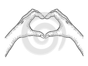 Hands making heart sign sketch engraving vector